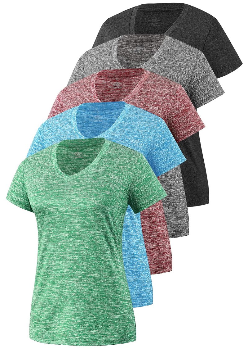 Cosy Pyro Women's Short Sleeve V-Neck Athletic T-Shirt Exercise Yoga Tees Dry Fit Gym Shirts Moisture Wicking Workout Tops Pack of 5 Black/Gray/Wine/Blue/Green S