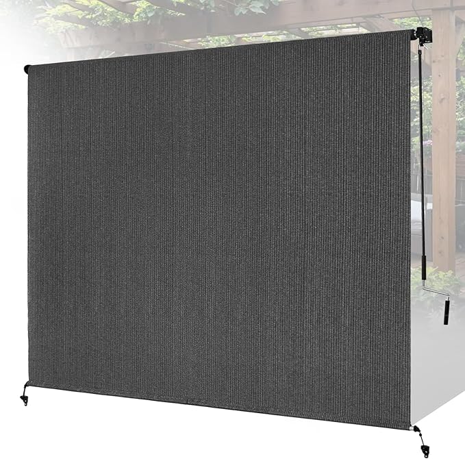 8'W x 8'H Gray Patio Shades Roll up Outdoor Roller Shade Crank Wand Blind