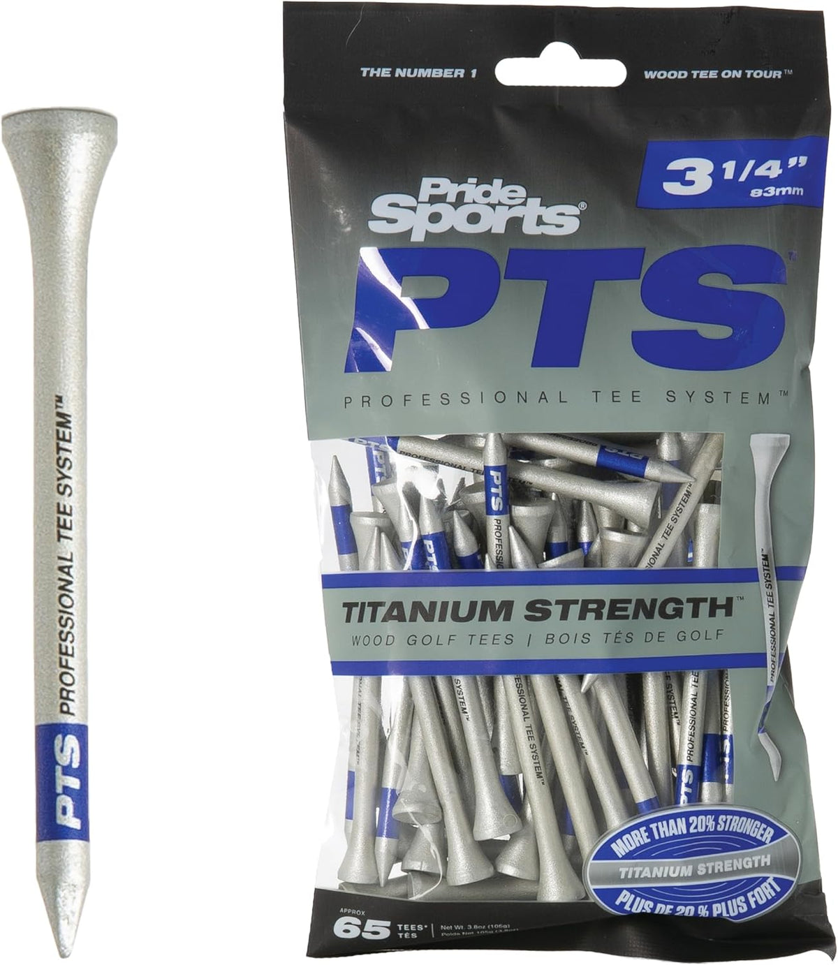PrideSports PTS Titanium Strength Golf Tees - 65 Count, 2-3/4 Inch | 8% Thicker for Enhanced Durability