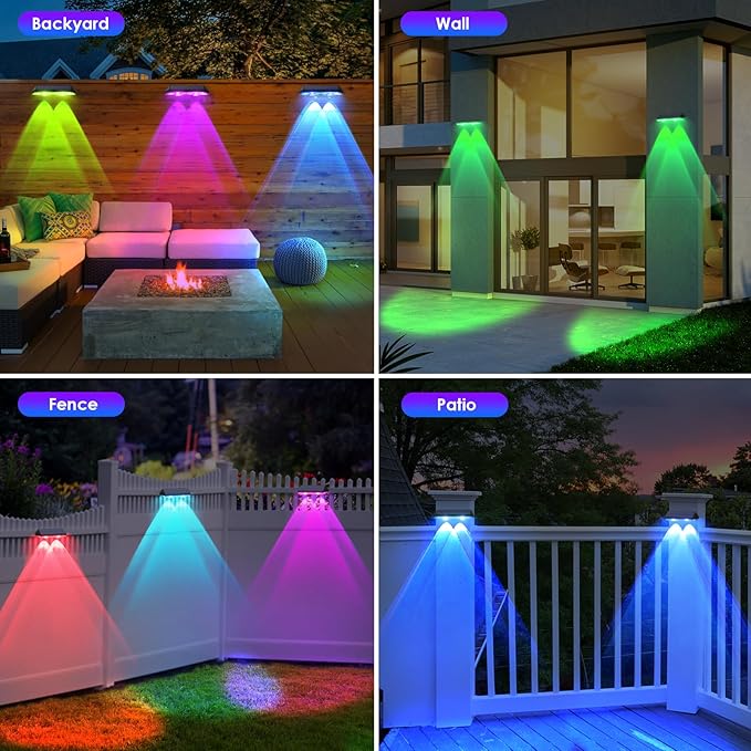LIANGLOME Solar Fence Lights Outdoor, 2PK RGB Solar Lights for Outside Backyard, Patio, Deck Fence, Stair Handrail, Pool and Wall