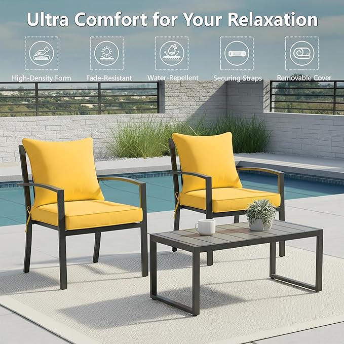22x22 Inch Patio Chair Cushions Set of 2, Outdoor Furniture Cushions - Removable Cover, Water-Repellent, Fade-Resistant, Non-Slip Bottom & Straps, Replacement for Lawn, Porch & Deck Chair - Yellow