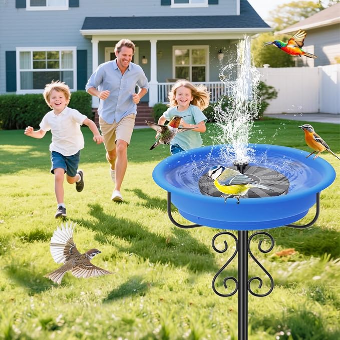 40in Freestanding Bird Bath for Outdoors, Rustproof 5-Prong Metal Stake with Removable Plastic Bowl, Easy Clean Birdbath for Garden Patio Yard Decor (Blue)