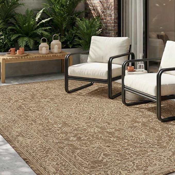 MontVoo-Outdoor Rug-Patio Rug 9x12 ft Polypropylene Indoor Outdoor Rugs Carpet for Patio Deck Balcony Porch, Textured Weave, Durable for High Traffic, Fade-Resistant, Vintage Medallion Neutral Brown