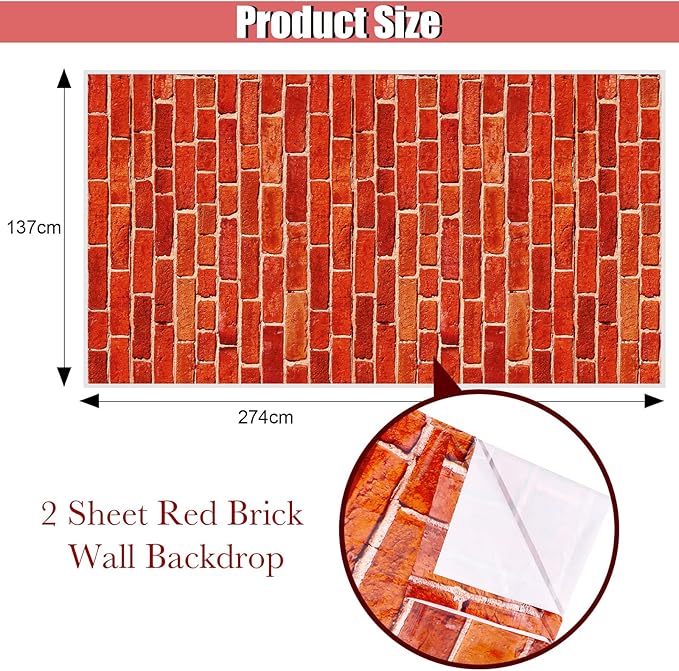 Chuangdi 2pcs 4.5 x 9 Feet Brick Wallpaper Peel and Stick Backdrop Tablecloth