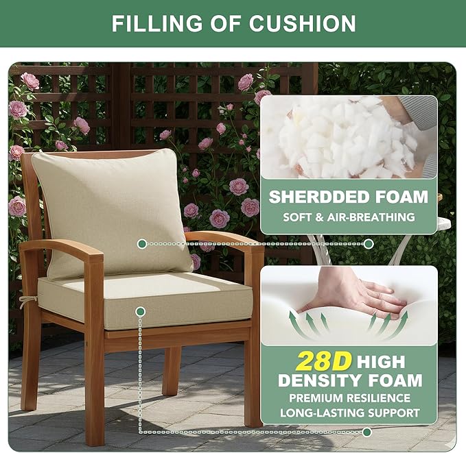 Summsun Patio Chair Cushions Set of 4, Faux Linen Outdoor Furniture Cushions, Water Resistant Backrest and Deep Seat Cushion Set with Straps, Removable Cover, Non-Slip Bottom, 22 x 22 Inch, Beige
