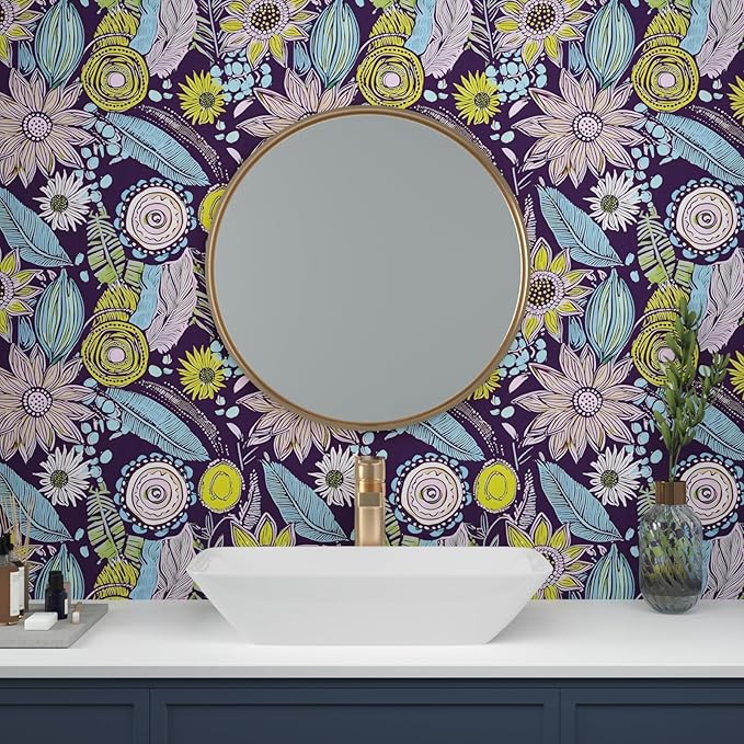 Purple Boho Wallpaper Peel and Stick, Vintage Yellow Floral Contact Paper