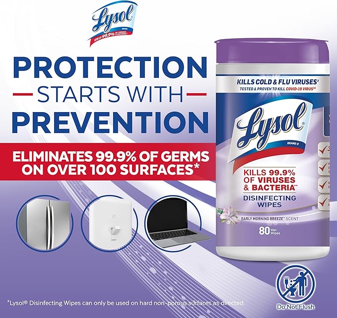 Lysol Disinfectant Wipes, Multi-Surface Antibacterial Cleaning Wipes, Dorm Room Essentials For Disinfecting and Cleaning, Early Morning Breeze, 80 Count (Pack of 1)