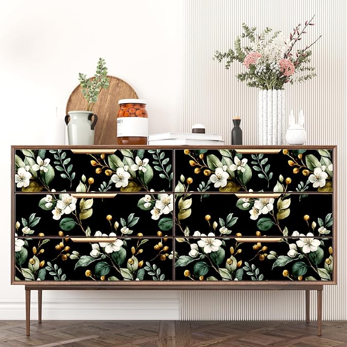 Black Floral Wallpaper Peel and Stick, Vintage Dark Green Leaves
