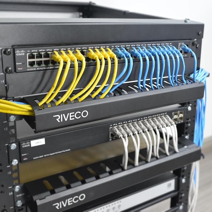 RIVECO 2PCS 1U Cable Management for Racks & Server Cabinets Managing Cord & Wire, Cable Raceway for 19” Rack Mount 24 Slots Large 2.8 Inches Capacity Black