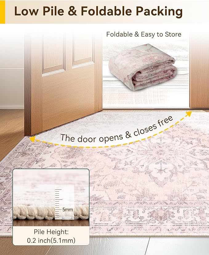 Area Rugs 3'x5' Washable Non-Slip, Floral Vintage Distress Print Pattern Medallion Carpet for Living Room Bedroom Dining Room, Pink Greypink Cute