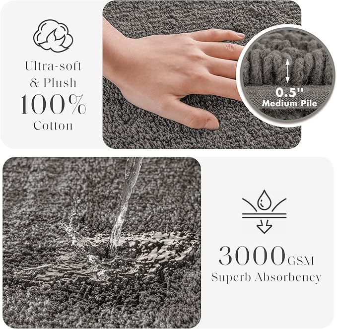 Madison Park Splendor Reversible 100% Cotton Tufted Bathroom Rug-3000 GSM Hotel Quality Luxurious Plush Medium Pile Bath Mat Absorbent, Quick Dry, Shower Room Décor, 24x36 Charcoal