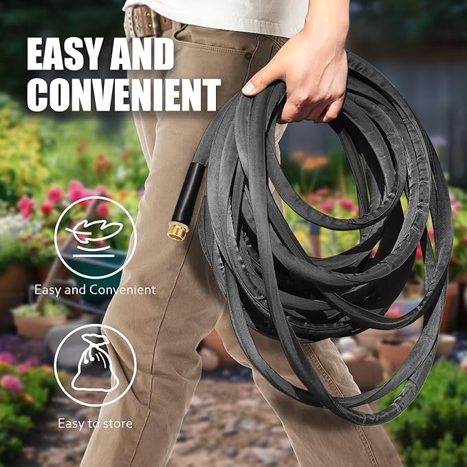 Non-Expandable Garden Hose 75feet, Flexible Water Hose with 10 Function Hose Nozzle, Lightweight, Tangle Free, Rust Proof for Yard (Black)
