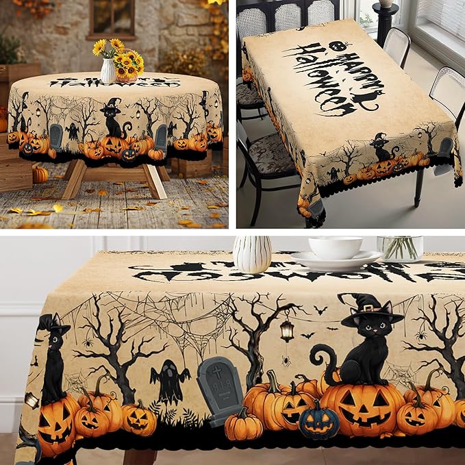Eikione Rectangular Tablecloth 140x180inch, Halloween Pumpkin Bat Tablecloth Waterproof and Wrinkle-Free, Table Covers, Summer Decorations for Home Dining