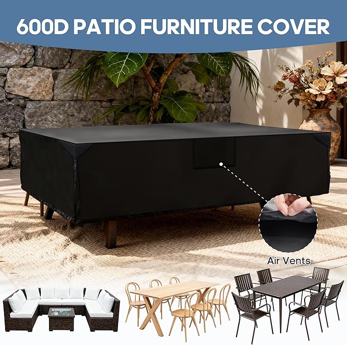 DUMOS Patio Furniture Cover Rectangular Heavy Duty 600D Waterproof UV Resistant Outdoor Sofa Couch Sectional Cover for Deck Table Chairs Backyard Dining Sets, 111"L x 74"W x 28"H, Black