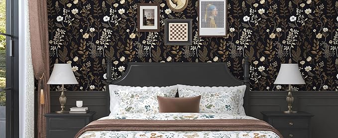 Dark Taupe Floral Peel and Stick Wallpaper, 17.5In x 197In Vintage Black Golden
