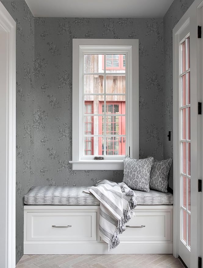 Erfoni 394"x17.7" Grey Floral Embossed Wallpaper