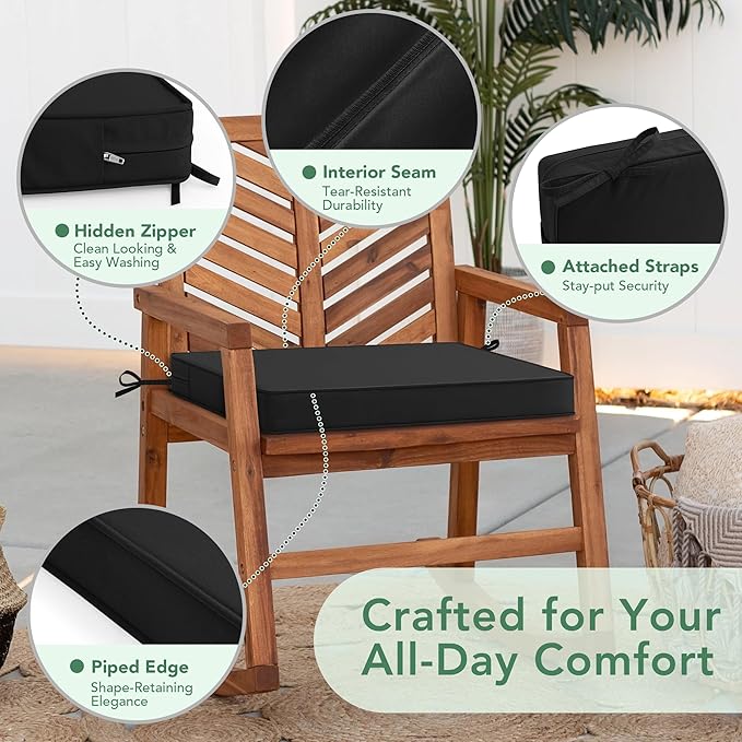 Outdoor Chair Cushions Set of 4: Waterproof & Fade Resistant Deep Seat Cushion for Patio Furniture - 24 x 24 x 3 Inch Chair Pads with Ties and Hidden Zipper - Patio Chair Cushion Replacement, Black