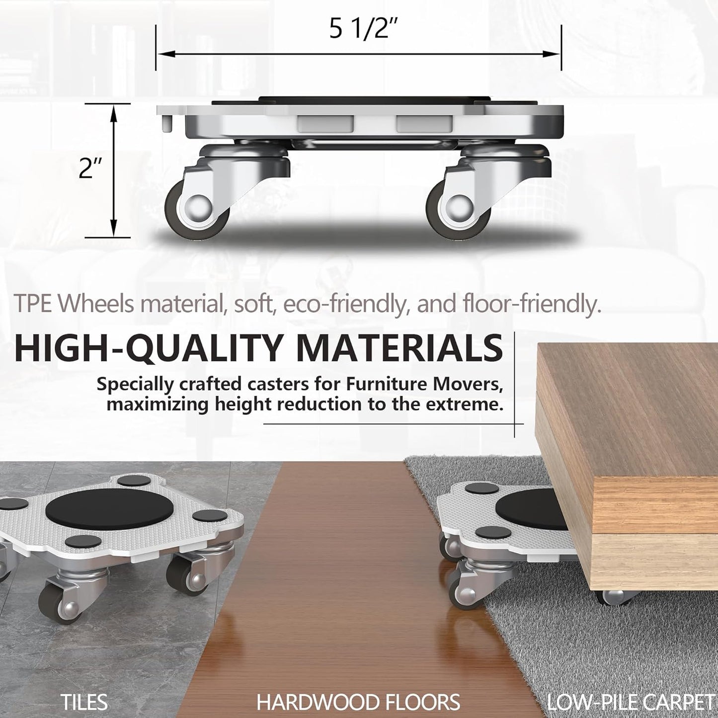 ONEON Furniture Mover Pro - 4Pack Enhanced Dollies with Custom TPE Wheels - Effortless Heavy Furniture Transport (Light Gray: 4 Dollies Only)