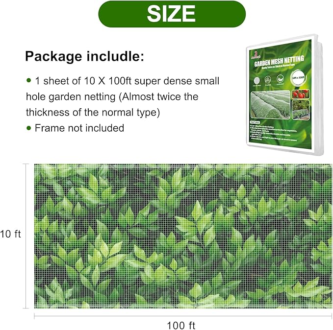 Garden Netting, Jevrench Durable Ultra Fine Garden Netting, Garden Plant Cover Row Cover Makes Plants, Vegetables, Fruits, and Flowers Grow Better (10ft x 100ft)