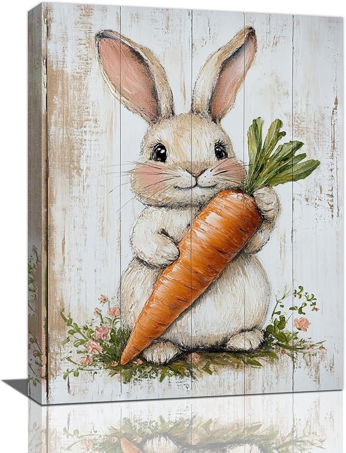Rabbit Wall Art, Easter Bunny Pictures Wall Decor, Farmhouse Rabbit Carrot Canvas Prints, Rustic Cute Animal Painting Framed Artwork for Bathroom Living Room Bedroom Office Dining Room 20"X16"