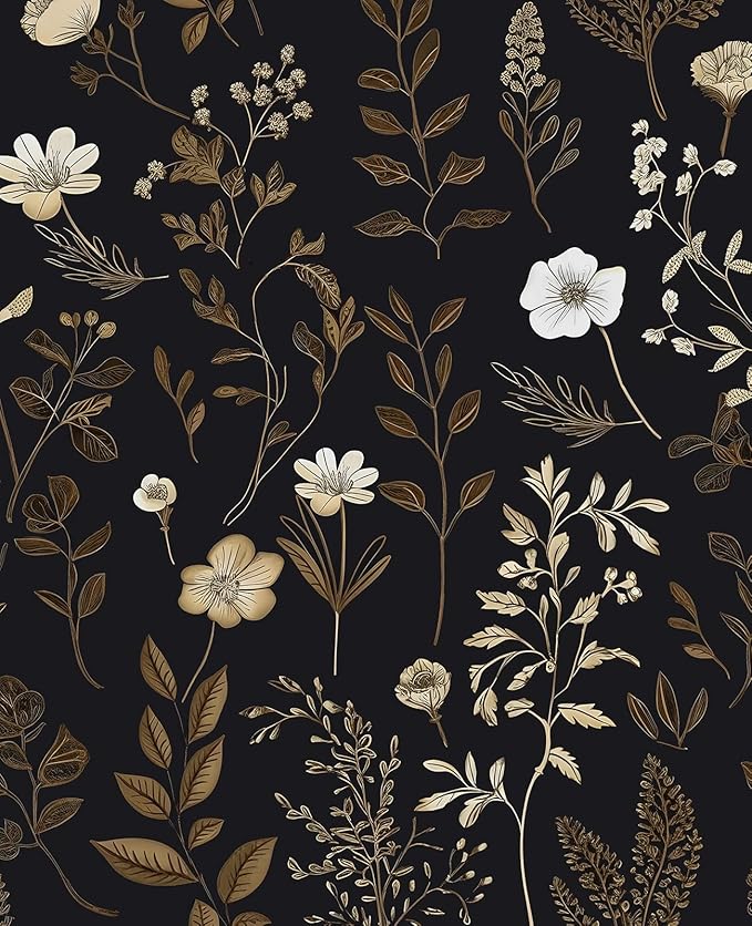 Extra Long Moody Floral Wallpaper Peel and Stick, 17.5In x 393In Black Dark