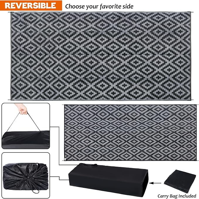 SAND MINE Waterproof Outdoor Rug 10x20 ft, Plastic Reversible Rug, Modern Area Rug, Large Floor Mat for Outdoors, RV, Patio, Backyard, Deck, Picnic, Beach, Camping, Black & Grey