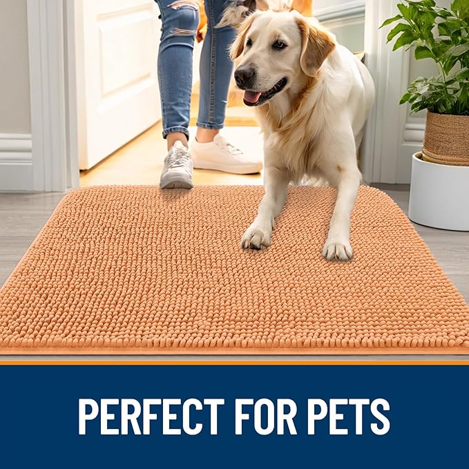 OLANLY Dog Door Mat for Muddy Paws 47x20, Absorbs Moisture and Dirt, Absorbent Non-Slip Washable Doormat, Quick Dry Chenille Mud Mat for Dogs, Entry Indoor Entryway Carpet for Inside Floor, Orange