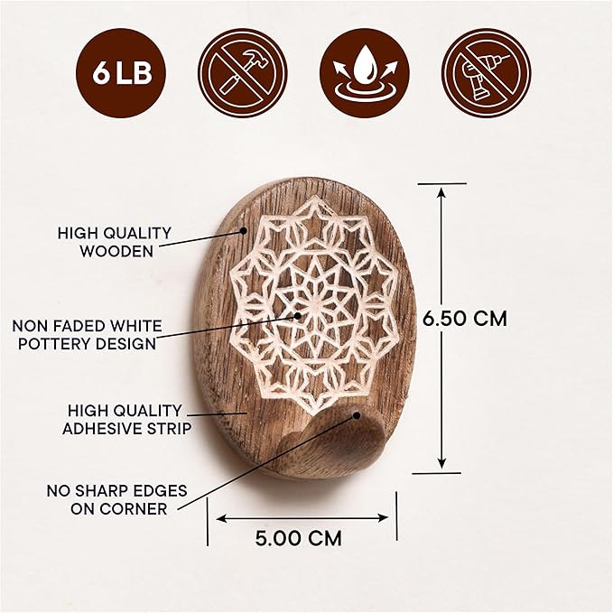 Indian Shelf 6 Lb- 3 Pieces Decorative Wood Adhesive Wall Hooks–Boho Peel and