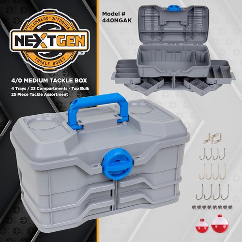 Flambeau Outdoors Fishing Tackle Box - 4 Pivot Trays, 23 Compartments, 25-Piece Kit | Light Gray