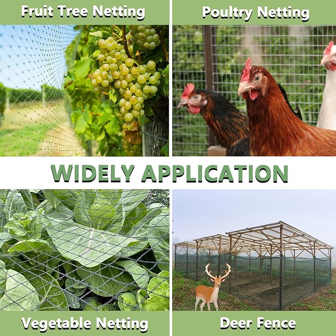 Bird Netting for Garden 50 x 50 FT Heavy Duty Black Garden Netting for Fruit Trees, Chicken Coop, Pond, Blueberry Bushes, Poultry & Deer Netting, HDPE Plant Protection Net Fence with Ties