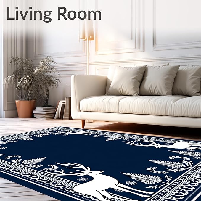Flatwoven High Traffic Area Rug 4x6, Enchanted Forest December Shower Curtain Full Restroom Kit, Non Slip, Stain Resistant, Washable Area Rugs for Living Room, Bedroom (Blue, 4x6, Pad)