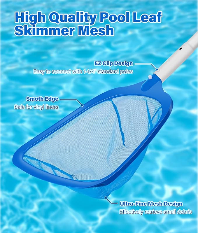 4-in-1 Deluxe Pool Cleaning kit, Pool Cleaning Tools with 10Ft Adjustable Pole, 13.4'' Fine Mesh Skimmer Net, 17.3'' Swimming Pool Brush & Extra Brush Head for Cleaning Inground & Above Ground Pools