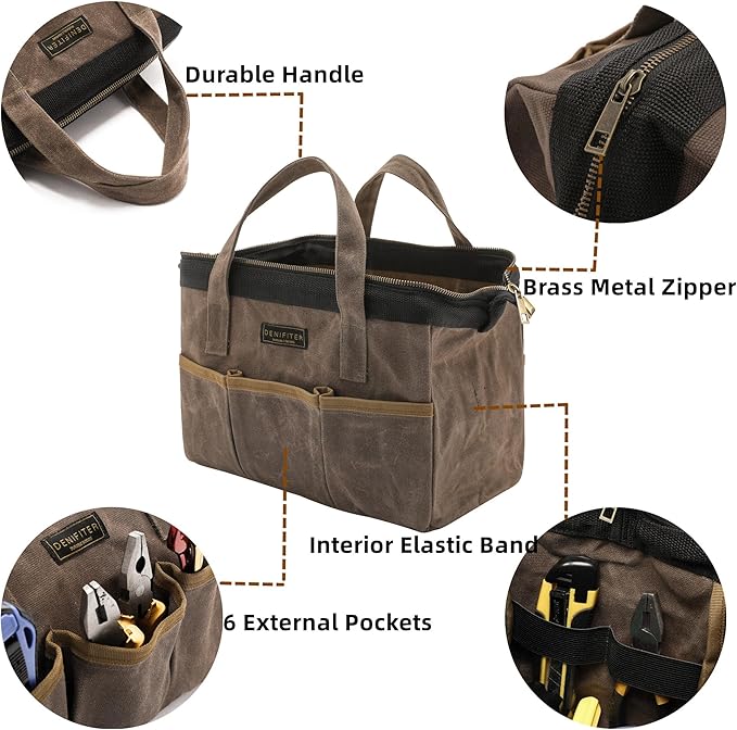 Tool Bag, 13-inch Heavy Duty 16oz Waxed Canvas Wide Mouth Water-Resistant Tool Pouch, Tool Tote with Handle for Tools, Wrenches, Screwdrivers (13 X 7.8 X 9 inch) | Grey