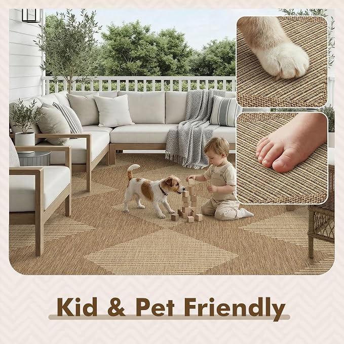 MontVoo-Outdoor Rug Carpet Patio Rug 5x7 ft Polypropylene Indoor Outdoor Rugs for Patio Deck Balcony Porch, Textured Weave, Durable for High Traffic, Fade-Resistant, Boho Geometric Neutral Brown