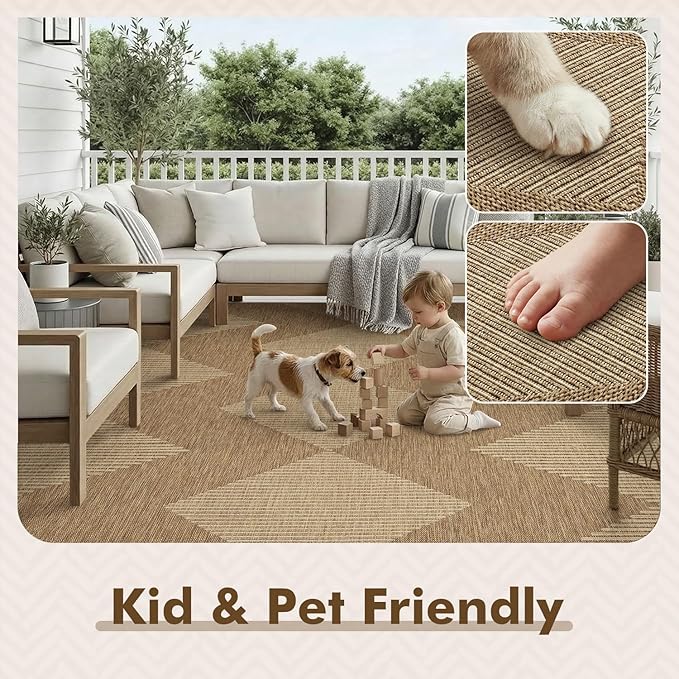 MontVoo-Outdoor Rug Carpet Patio Rug 6x9 ft Polypropylene Indoor Outdoor Rugs for Patio Deck Balcony Porch, Textured Weave, Durable for High Traffic, Fade-Resistant, Boho Geometric Neutral Brown