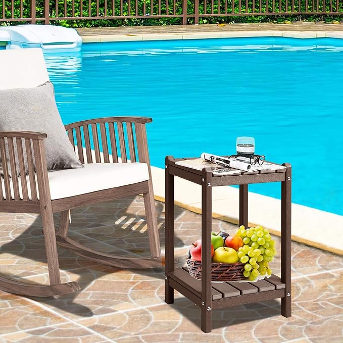 LZRS 24" Double Adirondack Outdoor Side Table, Pool Composite Patio Table,HDPE End Tables for Backyard,Pool, Indoor Companion, Easy Maintenance & Weather Resistant(Brown)