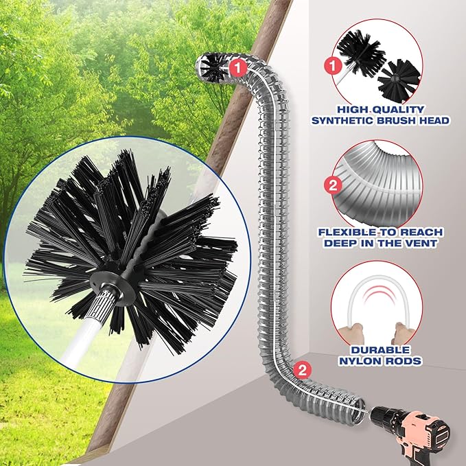 35 Feet Dryer Vent Cleaner Kit, Lint Remover, Upgraded Flexible Quick-Snap Brush with Drill Attachment, Extends Up to 35 FEET for Easy Cleaning, Cleaning Tools Use with/Without a Power Drill