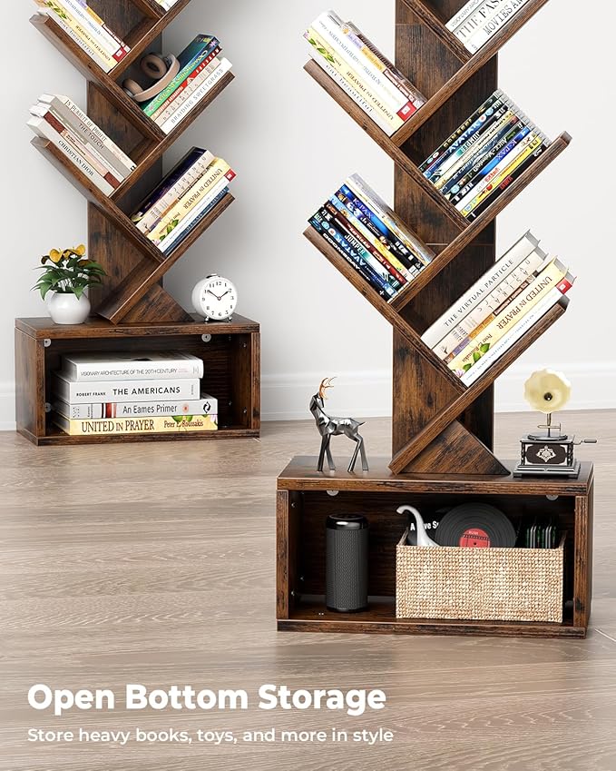 Evermagin Tree Bookshelf with Light, 6 Tier Small Bookcase, Narrow Floor Standing Book Tower Organizer with Storage Cabinet for Living Room, Bedroom and Home Office, Rustic Brown