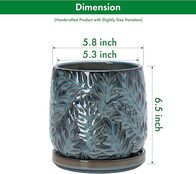 D'vine Dev 6 Inch Embossed Leaves Stoneware Planter Pot with Drainage Hole and Saucer, Ocean Teal, 27-A-X-8