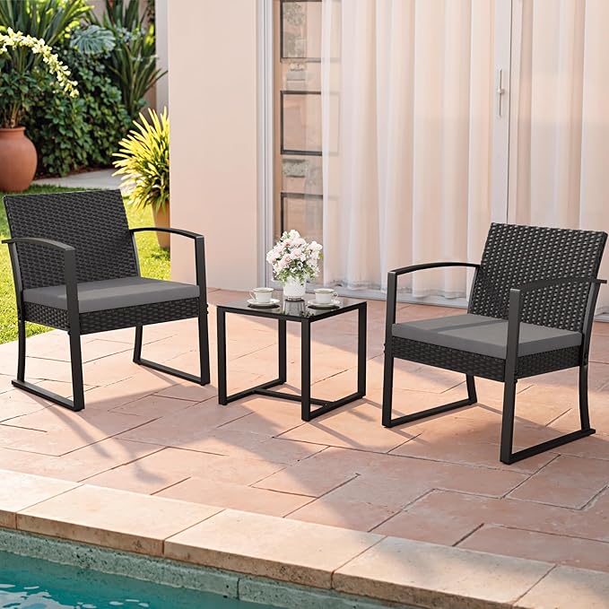 Homall Resin 3 Pieces Patio Furniture Set, Outdoor Bistro Set with Cushions and Glass Table, Conversation Set Rattan Chair for Porch, Balcony, Poolside, Garden (Grey)