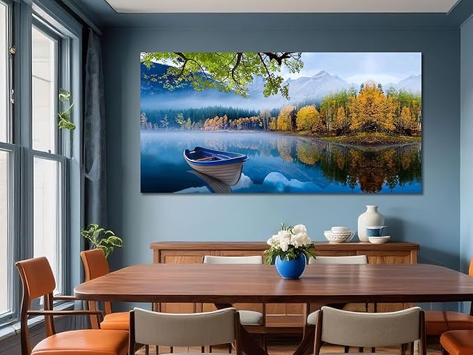 Arjun Landscape Wall Art for Living Room Lake Canvas Blue Picture Bedroom, Summer Nature Boat Artwork Modern Nature Painting Framed Large Home Office Dining Room Wall Decor, Extra Large 58"x29"