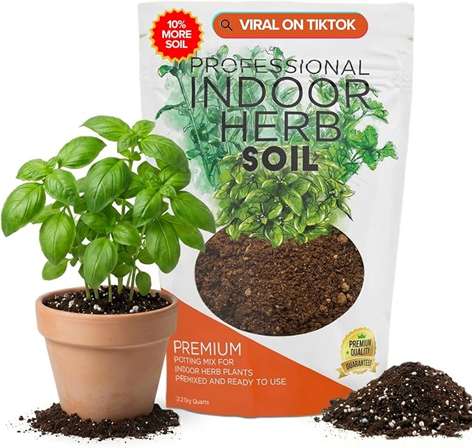 Professional Indoor Herb Soil Mix Large 2.2 Quarts Ready to Use, Premium Potting Soil for Basil Mint Rosemary Thyme Parsley, Peat Moss Coco Coir Perlite Dolomite Indoor Garden Soil Made in USA
