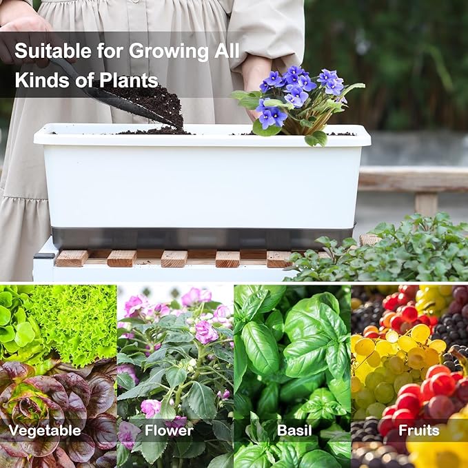 Oliz Window Box Planter 8 Pcs, 17 Inches Rectangle Flower Pots with Drainage Holes & Trays, Vegetable Planters for Windowsill Patio Garden Balcony Home Indoor Outdoor (White, 16 * 7 * 6 inch)