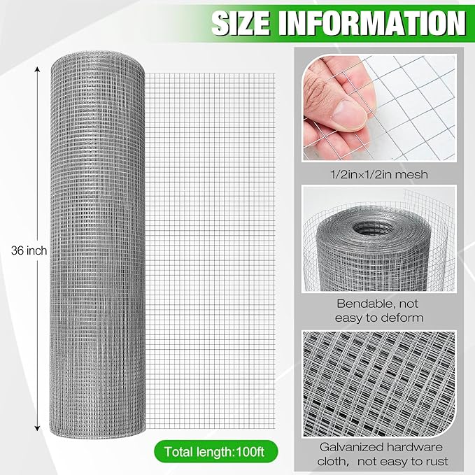 Tatuo Hardware Cloth 1/2 Inch 36in x 100ft Hot Dip Galvanized After Welded Cage Mesh Rolls 21 Gauge Metal Chicken Wire Roll Wire Fencing Poultry Netting for Raised Garden Rodent Animals