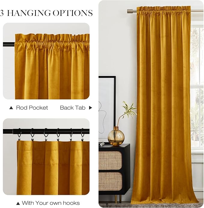 NICETOWN Yellowish Gold Velvet Curtains 108 inches Long, Bedroom Velvet Window