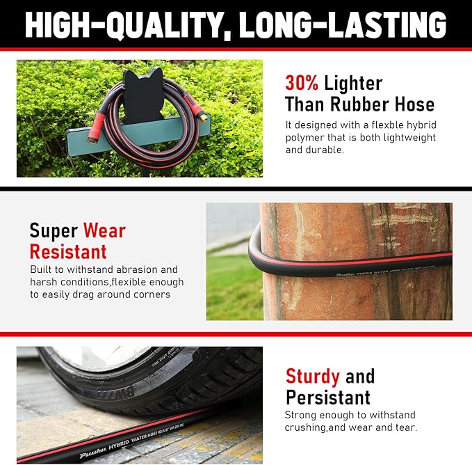 Garden Hose 50 ft x 5/8", NON-EXPANDABLE Heavy Duty Premium Flexible Water Hose, No Kink, Leakproof, Lightweight Hybrid Hose with Male to Female Fittings for Household&Backyard