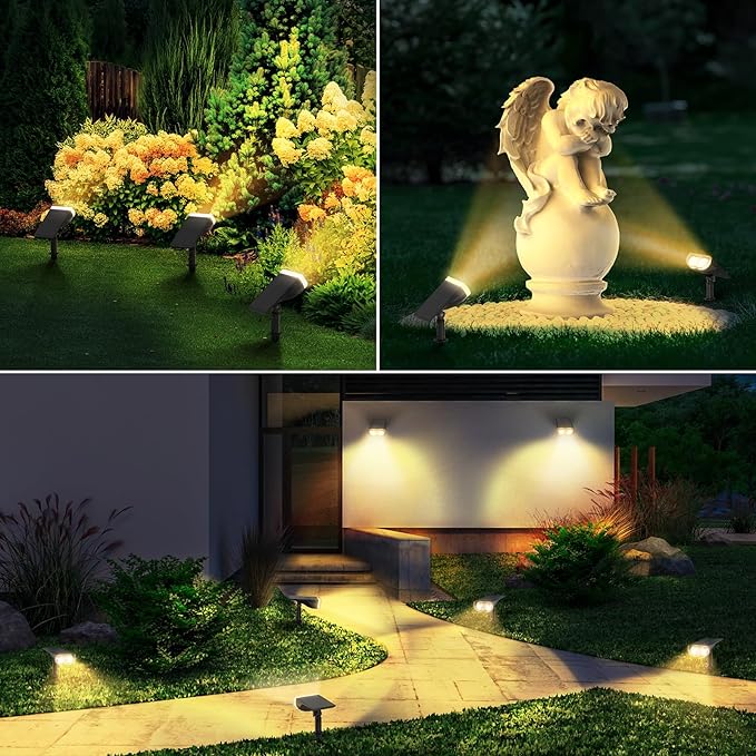 Linkind Solar Lights Outdoor Waterproof IP67, StarRay Dusk-to-Dawn Outdoor Solar Lights, 3 Lighting Modes Solar Spot Lights Outdoor for Garden, Yard, Landscape (Warm White, 6 Pack)