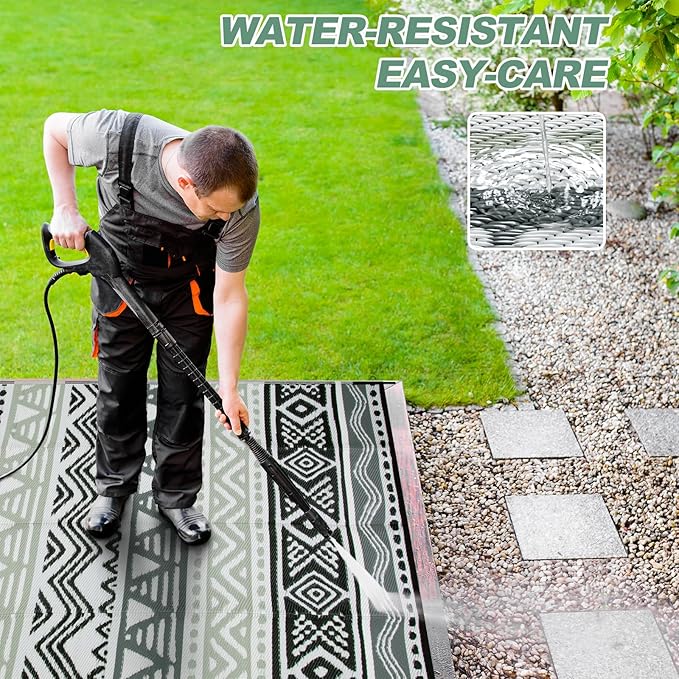 Lahome Outdoor Rug 8x10 Patio Waterproof, Reversible Outdoor Plastic Straw Rug for Camping, RV Patio Rugs Outside Large Carpet for Porch Deck Backyard Picnic(Grey/Black,8'x 10')