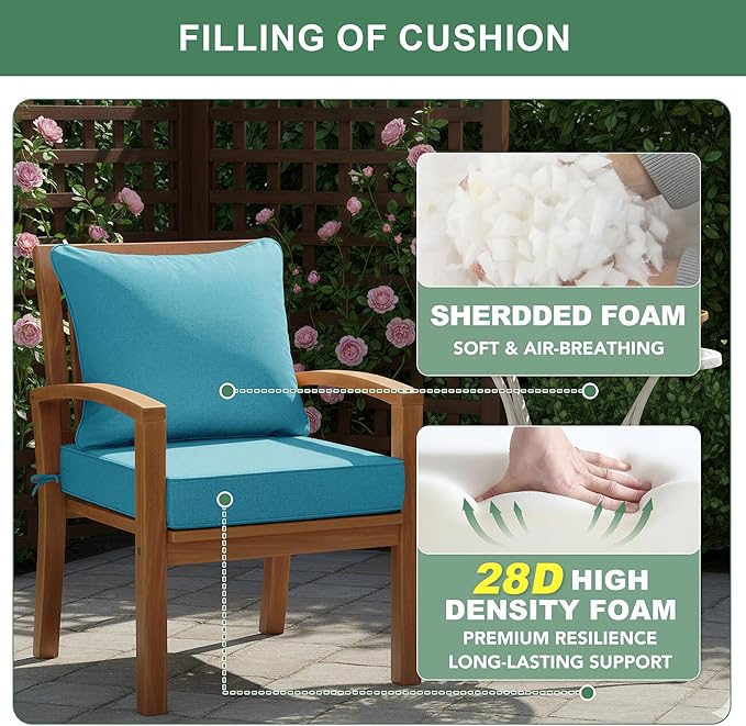 Summsun Faux Linen Outdoor Chair Cushions, Water Resistant Backrest and Seat Cushion Set with Removable Cover, Straps, Non-Slip Bottom for Patio Furniture, 19 x 19 Inch, Teal, Set of 2