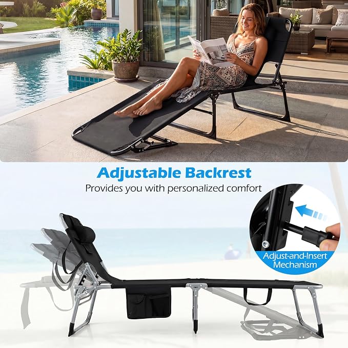 GYMAX Tanning Chair with Face Hole, Sun Bathing Lounge Chairs for Outside with Side Pocket, Folding Portable Face Down Layout Tanning Chair Beach, Backyard, Poolside, Lawn (Black,2)